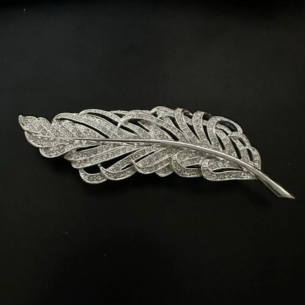 Ben-Amun Feather Brooch Silver Tone Pavé Pin Swarovski Crystals
